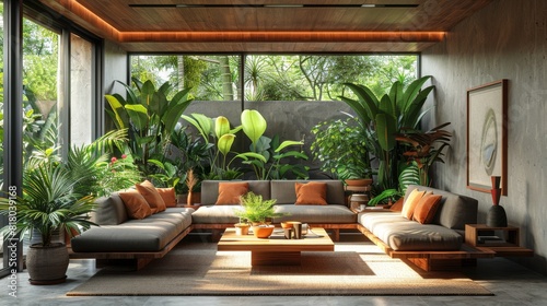 eco-conscious living room featuring wooden furniture  potted plants sustainable stylish interior design