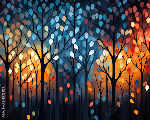 Abstract autumn mystical forest with colorful leaves