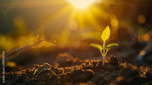 Sunrise illuminating a seedling, symbolizing growth © nattapon