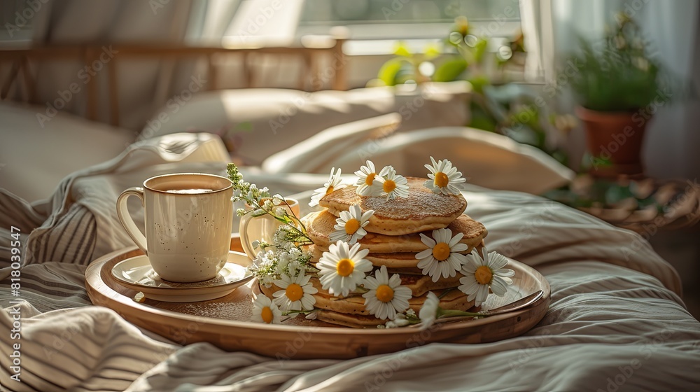 Birthday breakfast in bed, tray with pancakes and flowers, cozy and intimate morning surprise Birthday breakfast in bed, tray with pancakes and flowers, cozy and intimate morning surprise