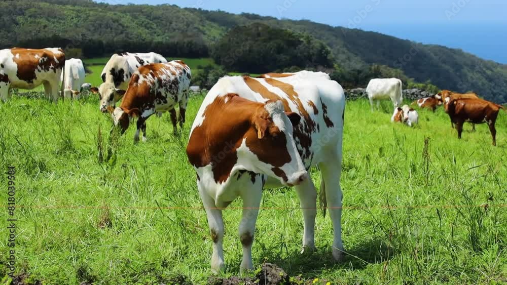 Cows grazing on the green pasture eating grass Azores islands Cows grazing on the green pasture eating grass Azores islands