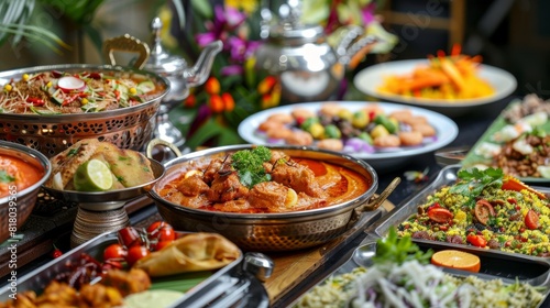 A variety of delicious Indian dishes spread out on a wooden table, showcasing a mouthwatering buffet of flavors including curries, rice, naan, and condiments © Helen-HD