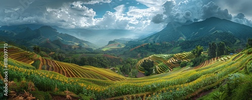 Vibrant terraced rice fields with mountain backdrop in Northern Thailand during monsoon season