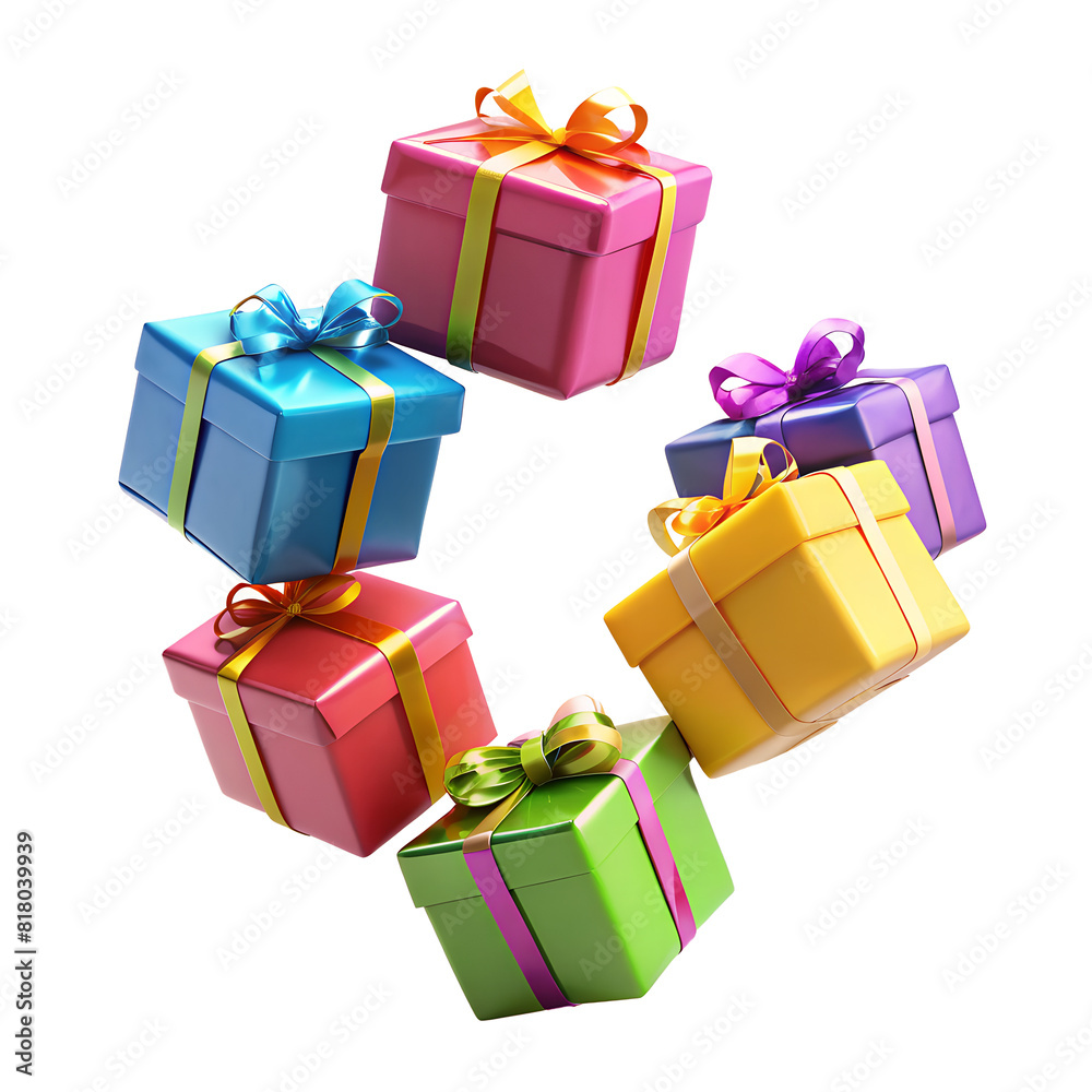 Vibrant Gift Boxes With Bows Suspended in Air Vibrant Gift Boxes With Bows Suspended in Air