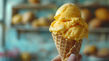 Hand holding delicious mango ice cream in a crispy waffle cone with copy space. Created with Generative AI Technology 