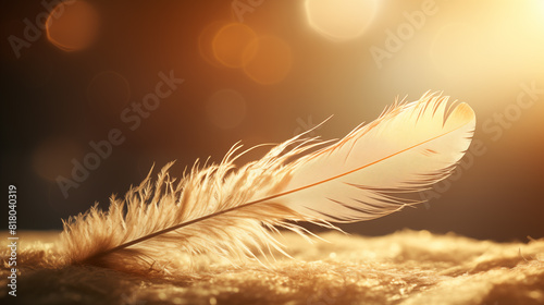 A single  wind-blown feather caught in a sunbeam  its delicate structure illuminated in detail.