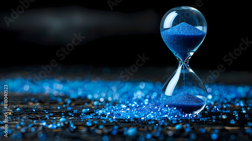 Hourglass is sand of time age, Life pour blue sand into hourglass to add more limited time. Deadline extended time management hope concept hour glass. Black background shadow life clock passing by photo