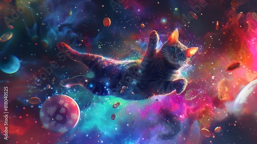 Cosmic Lucky Cat  right front leg raised  floating in space with stars and galaxies  cosmic coins orbiting around  surreal and otherworldly. 3D. Realistic. Printing. Illustrate. Generate AI.