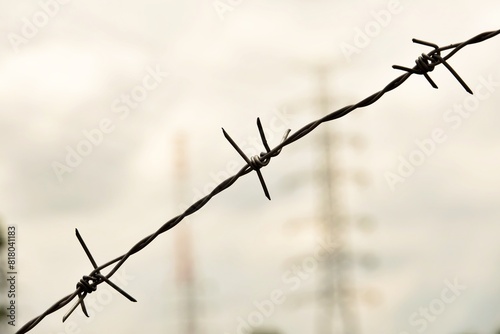 A barbed wire fence with three spikes on each side. The fence is in the middle of a cloudy sky