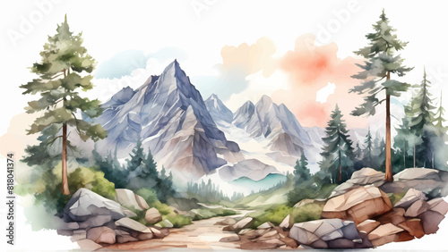 Watercolor landscape with mountains, forest and river in front. beautiful landscape.