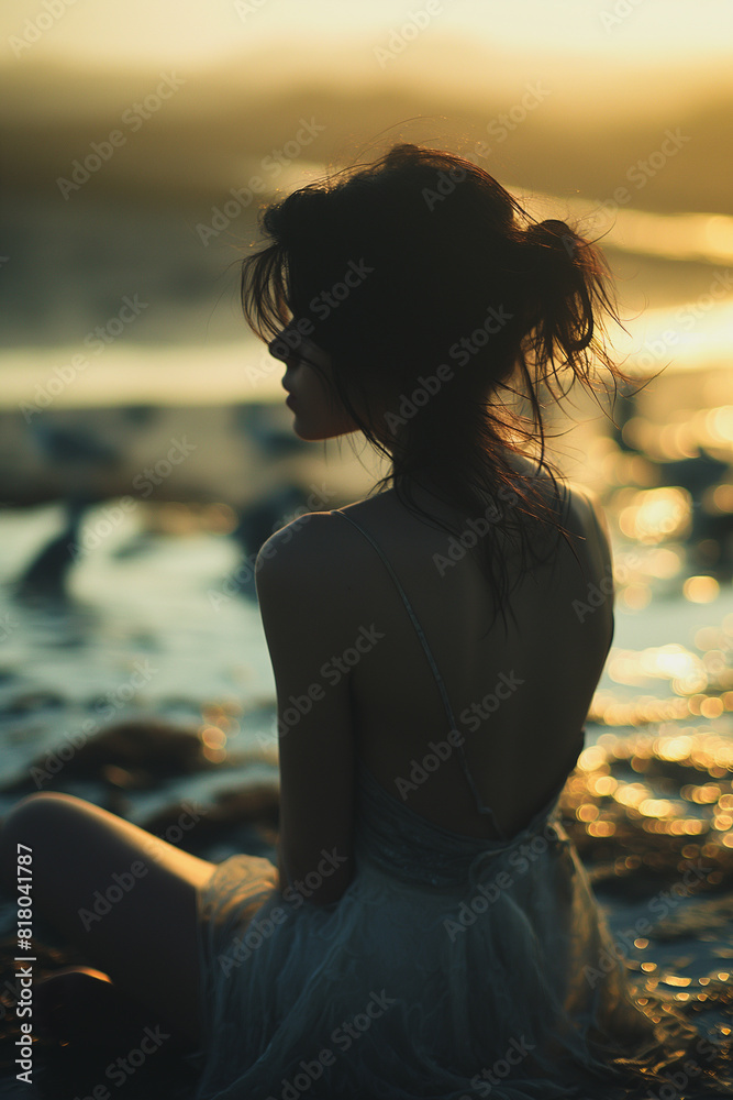 Fototapeta premium A woman is sitting on the beach, wearing a white dress. Lonely Sadness, Chasing love, the feelings dream of to fill the void of loneliness.