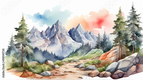Watercolor landscape with mountains, forest and river in front. beautiful landscape.