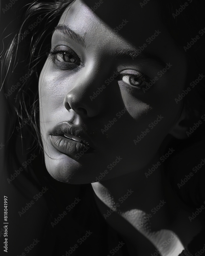 Dramatic Black and White Portrait of a Woman with Intense Gaze Dramatic Black and White Portrait of a Woman with Intense Gaze