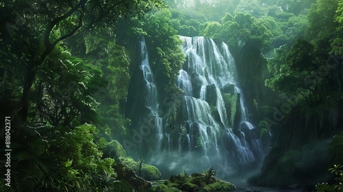 Waterfall in a lush forest, symbolizing natural beauty and tranquility © nattapon