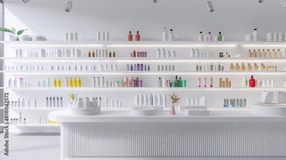 A white beauty shop filled with shelves stocked with various beauty products.