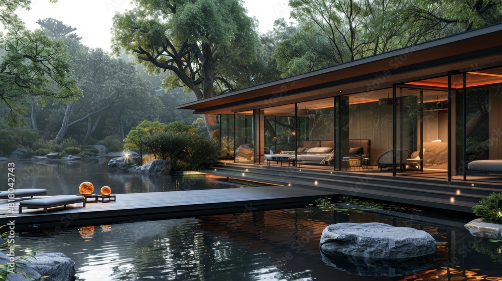 Obraz premium nature wellness retreat, picturesque nature backdrop enhances wellness retreats ambiance, advocating for physical and spiritual revitalization