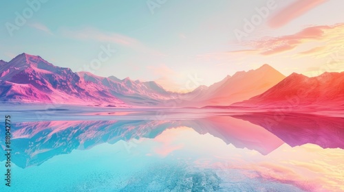 A beautiful fantasy landscape with a lake reflecting the sky and mountains in the background.
