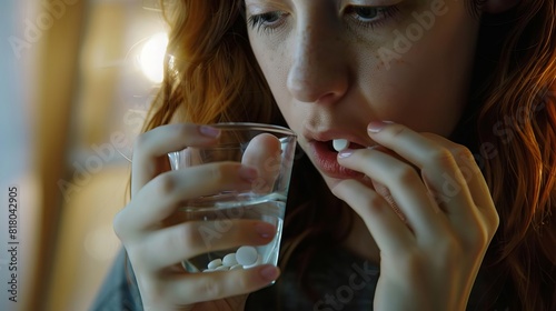 Woman taking a pill with a glass of water