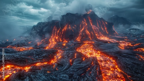 A volcano violently erupting, sending streams of glowing lava flowing down its slopes