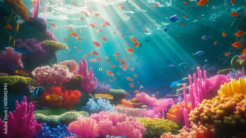 Vibrant Underwater Coral Reef with Colorful Fish and Sunlight Rays © Tirawat