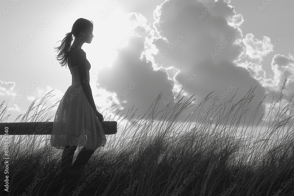 A woman is standing in a field of tall grass A woman is standing in a field of tall grass