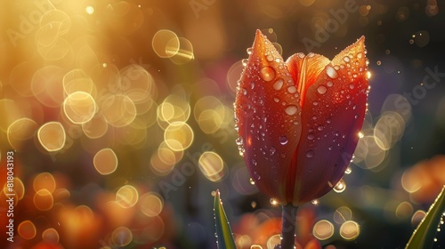 A single tulip adorned with dewdrops, sparkling like diamonds in the morning light. photo