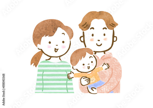 子供（男の子）が1人いる3人家族の上半身手描きイラスト