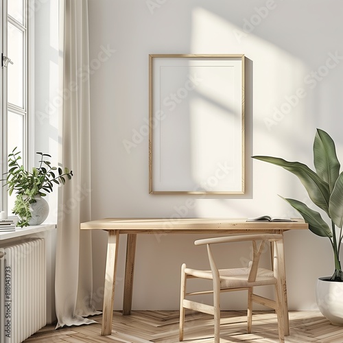 Minimalistic Home Office with Wooden Furniture and Green Plants