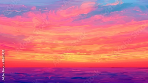 A stunning digital artwork showcasing the vibrant colors of an April sunset, with hues of orange, pink, and purple blending seamlessly across the horizon