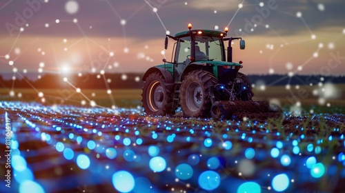Tractor is working in the agricultural field that is filled by AI technology lights 