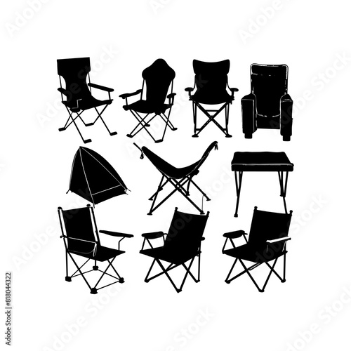 a collection of chairs and a table with a black and white image of a grill.