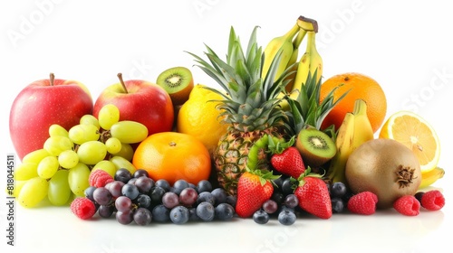 A variety of fruits including apples  grapes  pineapple  bananas  oranges  and strawberries