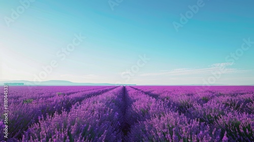 A vast expanse of purple lavender field stretching towards the horizon under a clear blue sky
