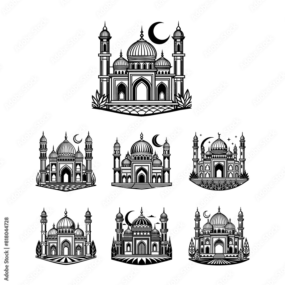a black and white image of a mosque with a moon on the top.