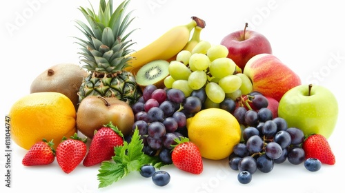 A variety of fruits including apples  grapes  bananas  pineapple  kiwi  strawberries  blueberries  and oranges.