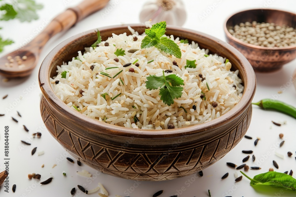Traditional Indian gujarati food dish basmati jeera rice in wooden bowl Traditional Indian gujarati food dish basmati jeera rice in wooden bowl
