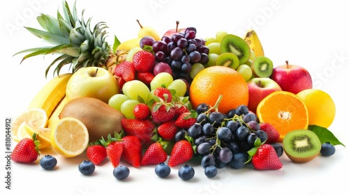 A variety of fruits are arranged in a pile.