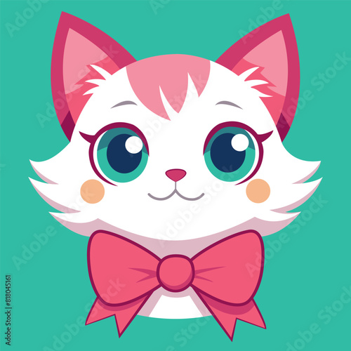 A cute illustration of a white and pink cat with big eyes and pink ears, creating a gentle and adorable impression for all kitten lovers.