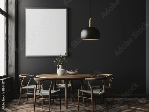 Modern Dining Room with Wooden Furniture and Blank Frame on Dark Wall