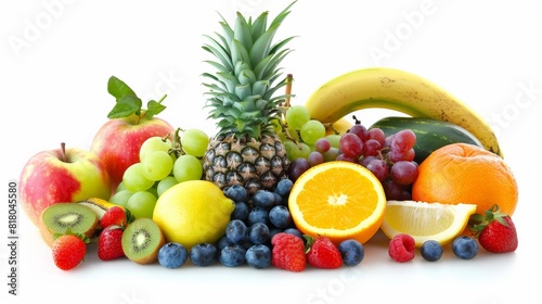 A variety of fruits including apples  grapes  pineapple  bananas  kiwi  lemon  blueberries  raspberries  and oranges.