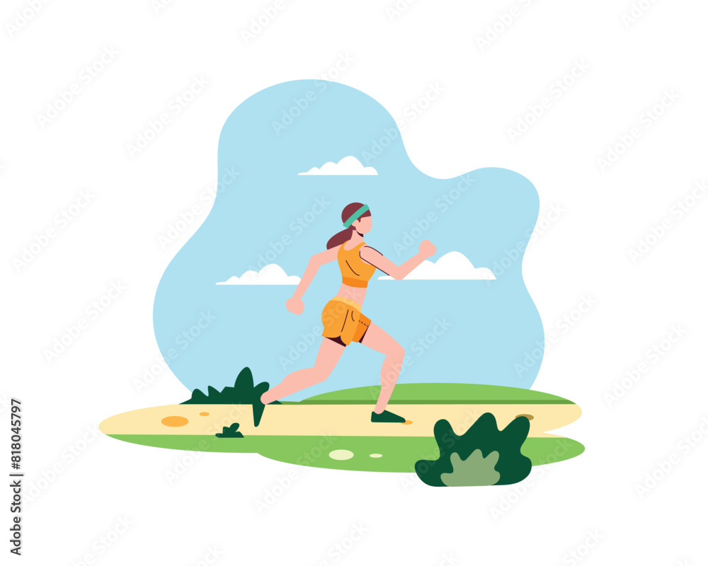 Young woman wearing a headband jogging in the park on weekends. sport and recreation activities. Design illustration healty lifestyle concept Young woman wearing a headband jogging in the park on weekends. sport and recreation activities. Design illustration healty lifestyle concept