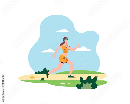Young woman wearing a headband jogging in the park on weekends. sport and recreation activities. Design illustration healty lifestyle concept