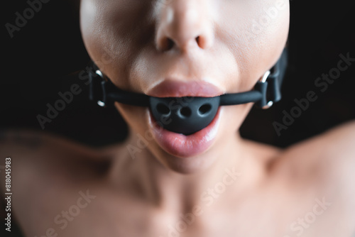 Canvas Print naked young sexy woman with gag ball in mouth, bdsm domination role playing game