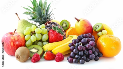 A variety of fruits including apples  grapes  bananas  pineapple  kiwi  raspberries  strawberries  and pears.