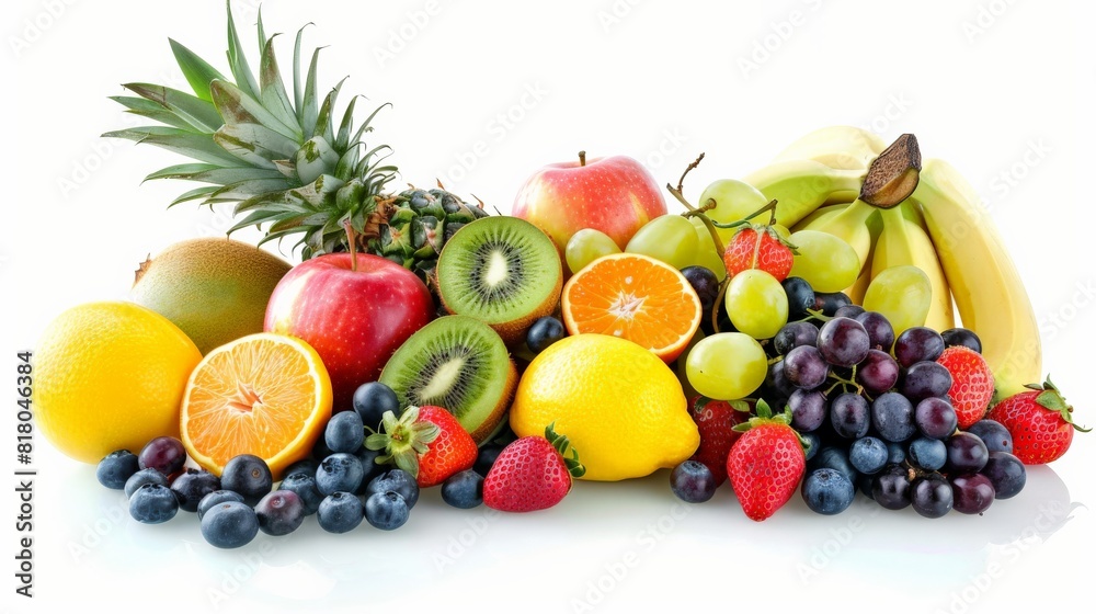 A variety of fruits are arranged together on a white background.
