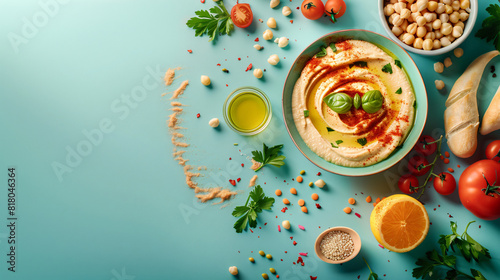 Composition with tasty hummus and ingredients 