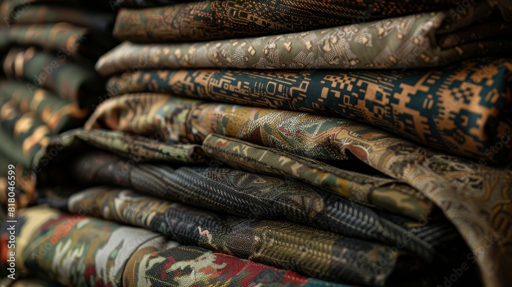 Obraz premium Close-up shot of a stack of army clothes, various camouflage prints and materials, finely detailed textures and seams