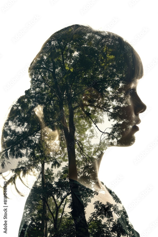 Silhouette of Woman with Double Exposure Forest Imagery