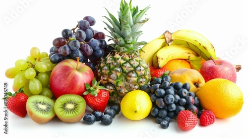 A variety of fruits are arranged together on a white background. 