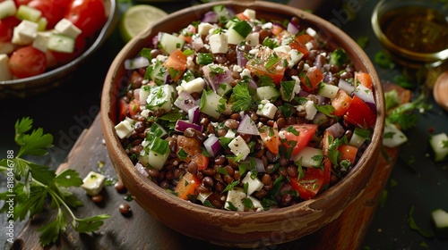 Refreshing healthy greek lentil salad with cucumber tomato red onion parsley feta cheese lemon vinaigrette in wooden bowl on rustic background